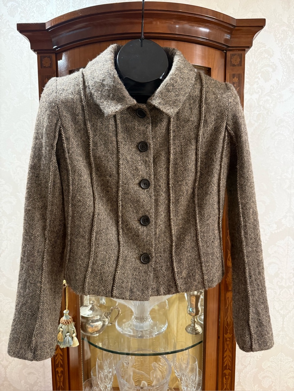 CHAIKEN made in USA 🇺🇸 Herringbone trendy cropped Brown Wool-Blend Pea Coat